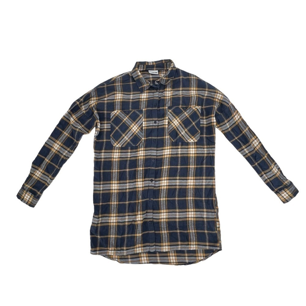 Noisy May Blue Yellow Oversized Flannel Button Up Shacket Shirt Size XS Women’s